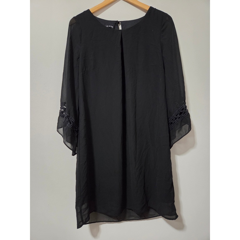 A. Byer‎ Black Chiffon Shift Dress Crochet Lace Bell Sleeve Women Large L